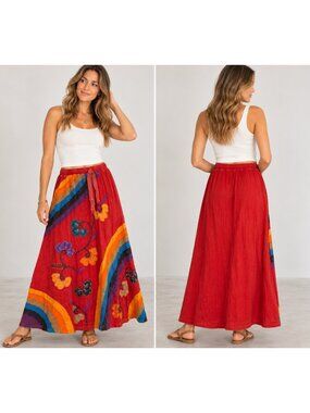 NWT The Collection Royal Boho Maxi Skirt S/M Red Embroidered Patchwork Nepal